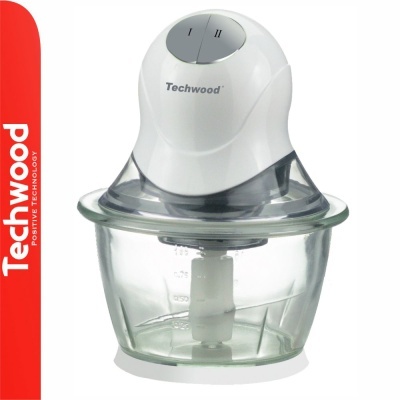 Processador de alimentos Techwood branco com recipiente de vidro e tampa com botões cinzentos.