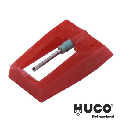 Agulha para gira-discos vermelha com agulha metálica azul em fundo branco com logótipo HUCO