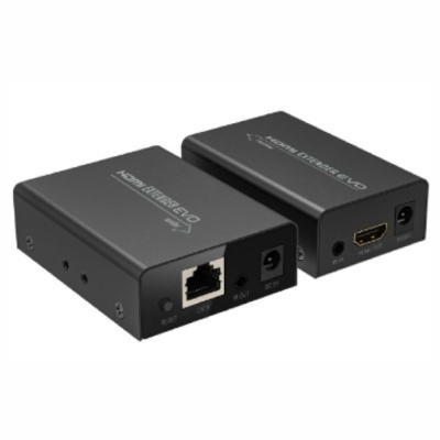 Dois dispositivos eletrónicos pretos com conectores RJ45, HDMI e power