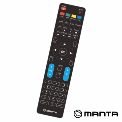 Comando à distância preto da marca MANTA com botões coloridos e texto legível