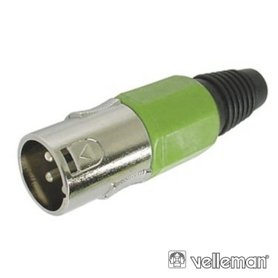 Conector de áudio XLR macho verde e preto com logotipo velleman
