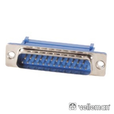 Conector macho DB25 azul com 25 pinos metálicos e estrutura prateada Velleman