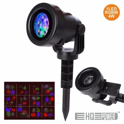 Projetor de luz LED RGBW 4W preto com suporte para cravar no chão e projeções coloridas variadas