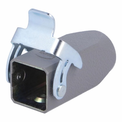 Suporte de tomada quadrado com braçadeira metálica e acabamento cinzento