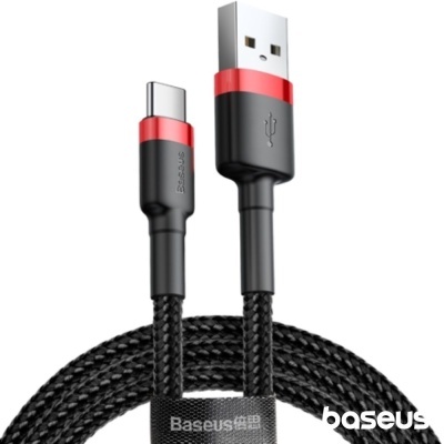Cabo USB tipo A para USB-C preto e vermelho da Baseus com revestimento trançado.