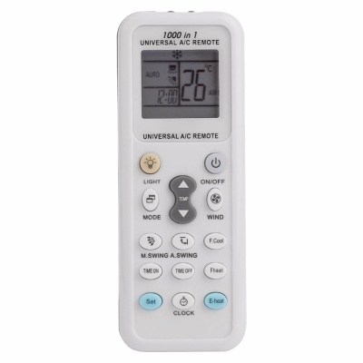 Comando universal para ar condicionado branco com ecrã digital e botões diversos