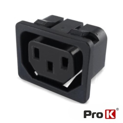 Conector elétrico retangular preto com três orifícios e logótipo Pro K