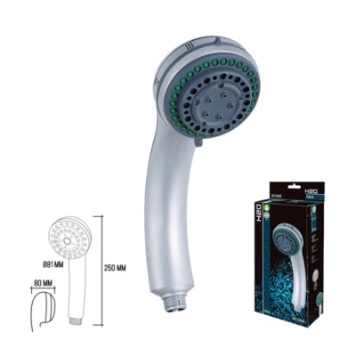 Chuveiro de mão prateado com embalagem preta