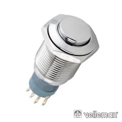 Interruptor de botão metálico prateado com pinos e corpo cinza