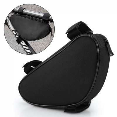 Bolsa triangular preta para bicicleta com fecho de correr e tiras de velcro no quadro