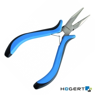 Alicate de ponta fina azul e preto com lâminas metálicas serrilhadas