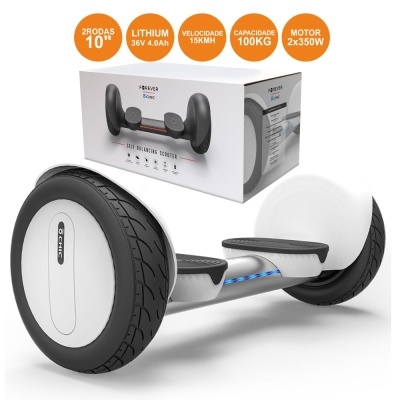 Hoverboard branco com rodas pretas e caixa com especificações técnicas