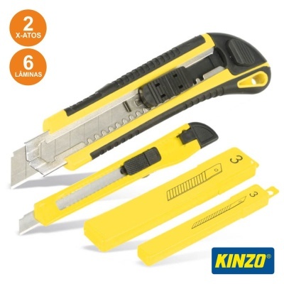 Dois cortadores de precisão amarelos e pretos com lâminas e embalagem amarela, texto indicação '2 X-ATOS' e '6 LÂMINAS', logo KINZO