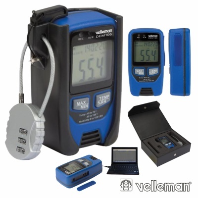 Equipamento de medição digital azul e preto Velleman DEM 10S com cadeado e caixa preta.