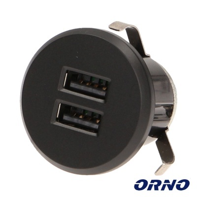 Carregador USB duplo redondo preto com suporte metálico e logótipo ORNO