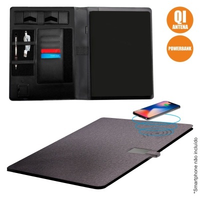 Pasta organizadora preta com carregador wireless QI cinza escuro