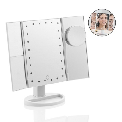 Espelho de maquilhagem branco com luzes LED e painel lateral dobrável