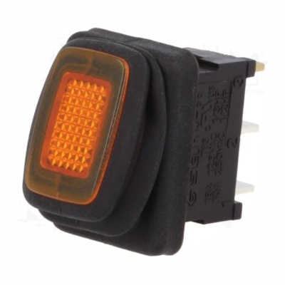 Interruptor retangular com botão laranja e base preta