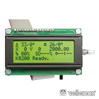 Ecrã LCD verde com texto preto montado em circuito impresso verde com cabo fita e logotipo Velleman
