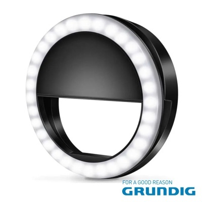 Anel de luz LED preto para telemóvel com iluminação branca circular e marca GRUNDIG