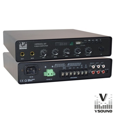 Amplificador público preto VSOUND VP8AS0U BT com botões e conexões