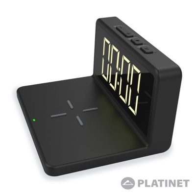 Relógio digital preto com base para carregamento sem fios e ecrã LED