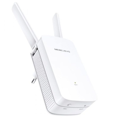 Extensor de sinal Wi-Fi branco com duas antenas e indicadores LED