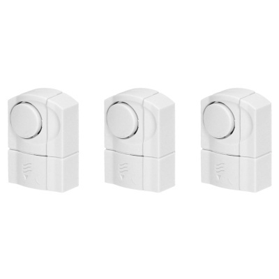 Três sensores ou alarmes brancos com botão circular e símbolo 'W'