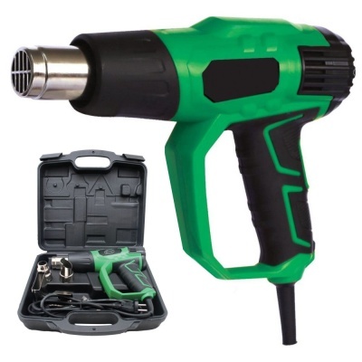 pistola de ar quente verde com estojo preto e acessórios