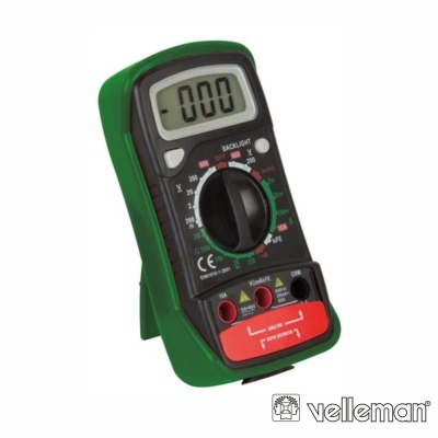 Multímetro digital Velleman em plástico verde e preto com visor LCD e seletor rotativo