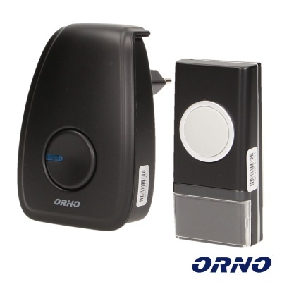Campainha eletrónica sem fios ORNO preta com botão branco e recetor com tomada embutida