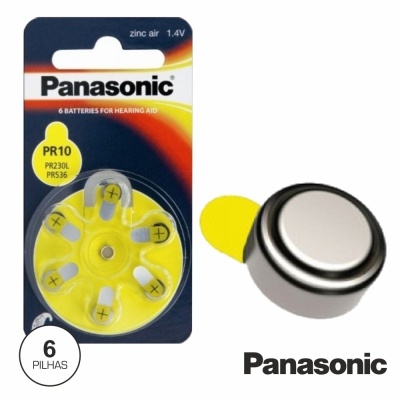Pacote de pilhas Panasonic amarelo e preto com 6 pilhas para aparelhos auditivos