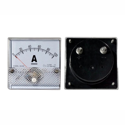 Amperímetro analógico com mostrador branco e escala de 0 a 100 amperes