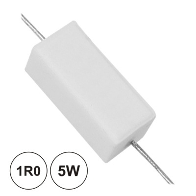 Resistor retangular branco com terminais metálicos e texto 1R0 5W