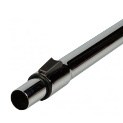 Tubo metálico cilíndrico prateado com componente preto