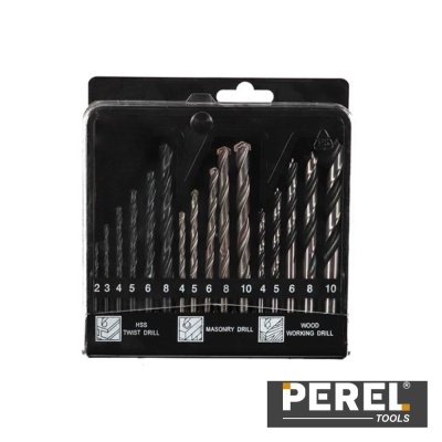 Conjunto de brocas metálicas variadas da Perel Tools, em embalagem plástica preta.