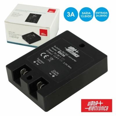 Módulo eletrónico preto R500DC da Alpha Elettronica com caixa branca ao fundo