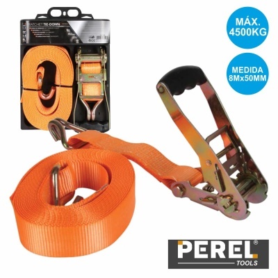 Cinta laranja com catraca metálica para reboque, embalagem e texto informativo