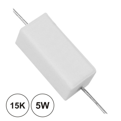 Resistor branco retangular com terminais, etiquetas 15K e 5W