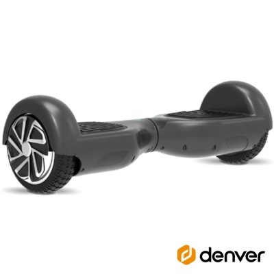 Hoverboard preto com rodas e texto denver