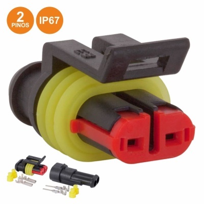 Conector elétrico de 2 pinos preto, vermelho e amarelo com componentes adicionais