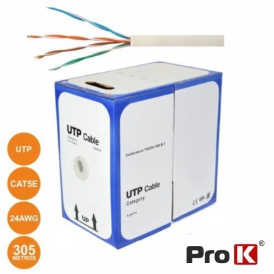 Caixa de cabo UTP CAT5E branco e azul, com fios coloridos expostos