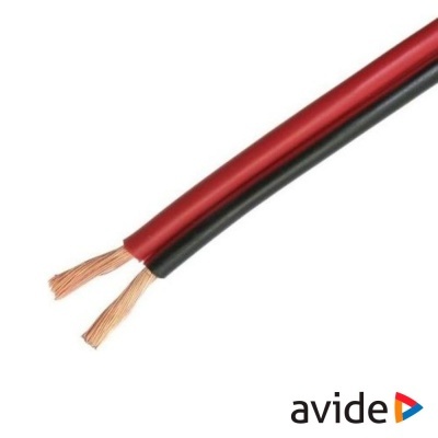 Cabo elétrico vermelho e preto com fios de cobre visíveis e logo AVIDE