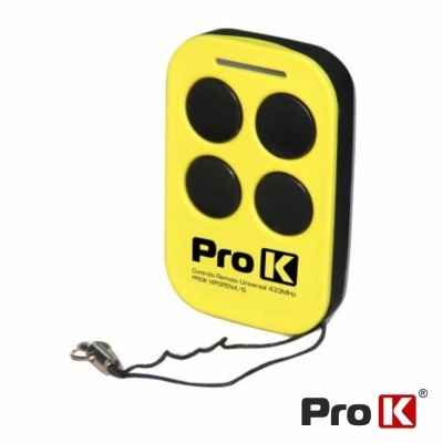 Comando remoto amarelo com quatro botões pretos e cordão preto com clipe metálico