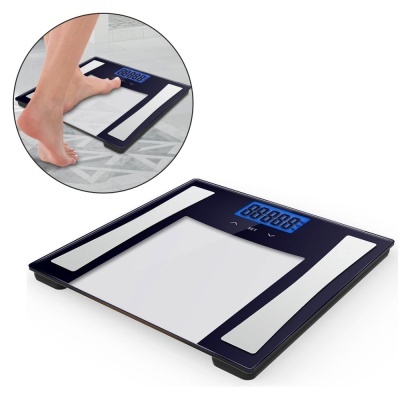 Balança digital de corpo em vidro transparente com visor azul