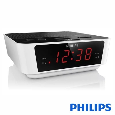 Relógio despertador digital Philips branco e preto com ecrã LED vermelho a mostrar 12:38