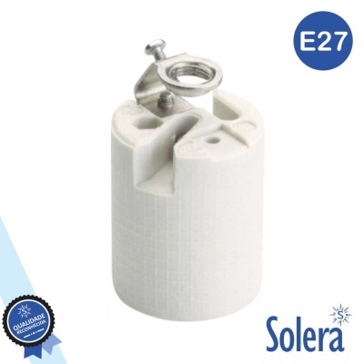 Soquete de lâmpada E27 branco com suporte metálico e texto Solera