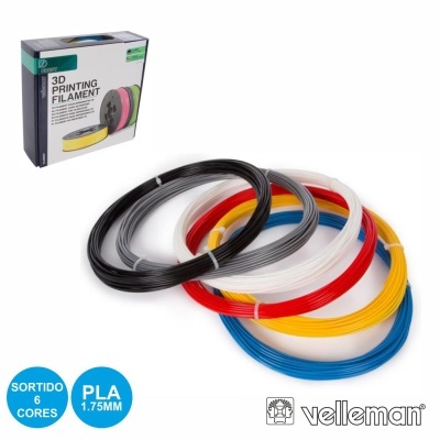 Conjunto de filamentos coloridos para impressão 3D da Velleman com 6 cores e embalagem
