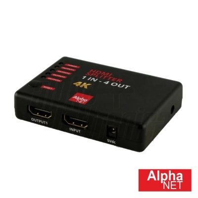 Dispositivo HDMI Splitter preto com conexões e etiquetas da Alpha NET