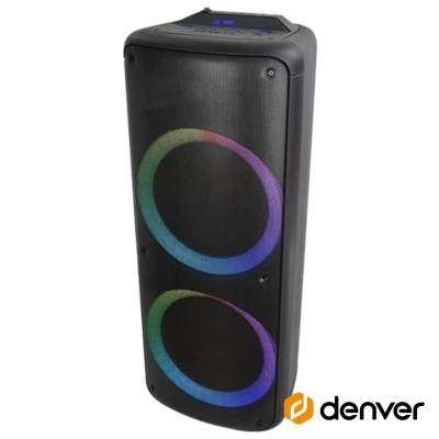 Coluna de som portátil preta com iluminação LED colorida e visor digital azul